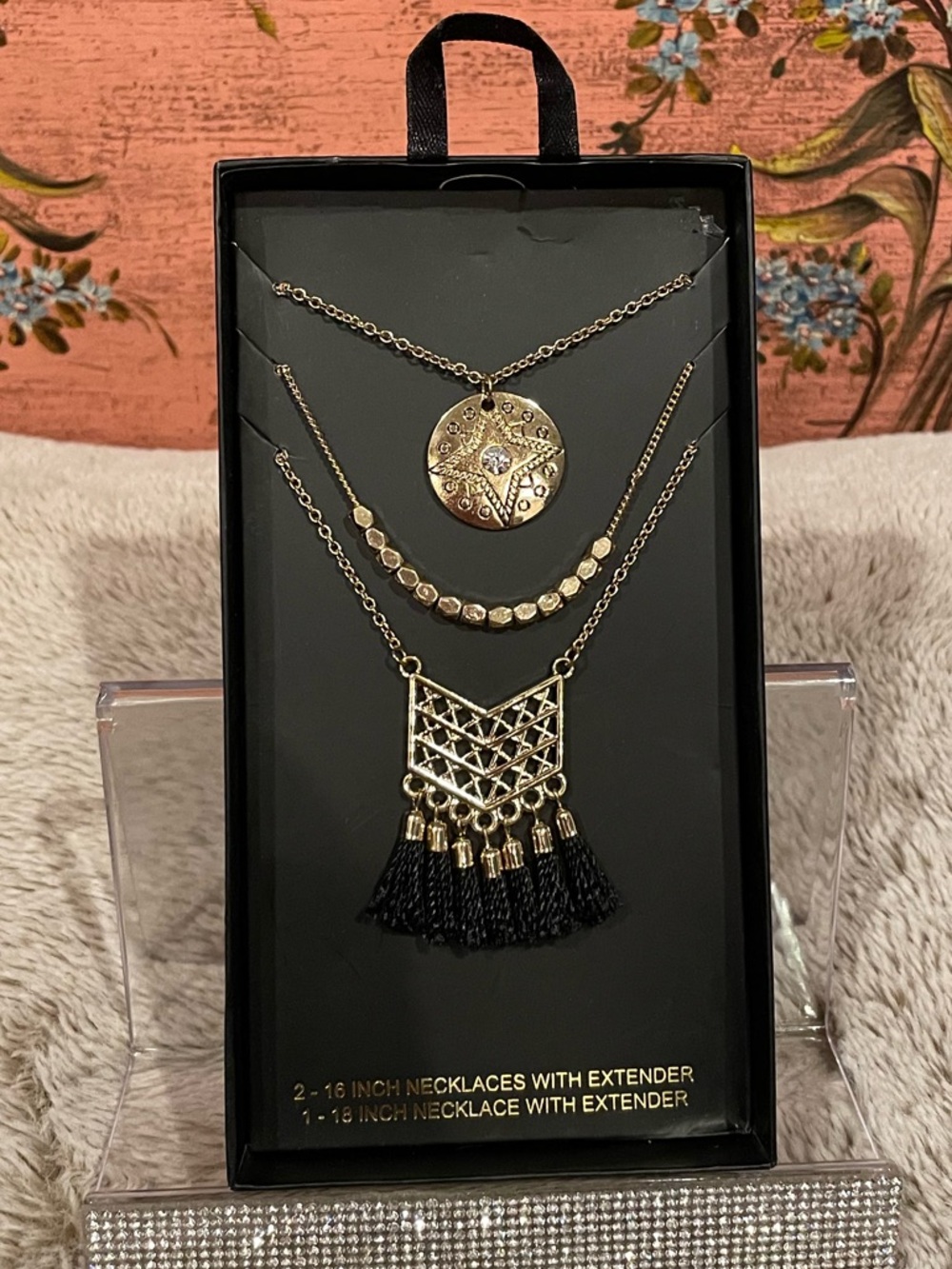 3 Gold Layered Pendant Necklace Set with Black Tassel